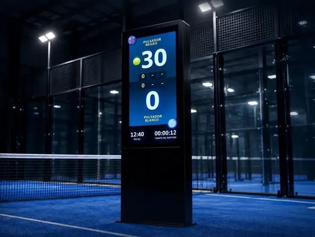 Instalación del marcador electrónico de pádel klaröscore EVO 1 junto a una pista